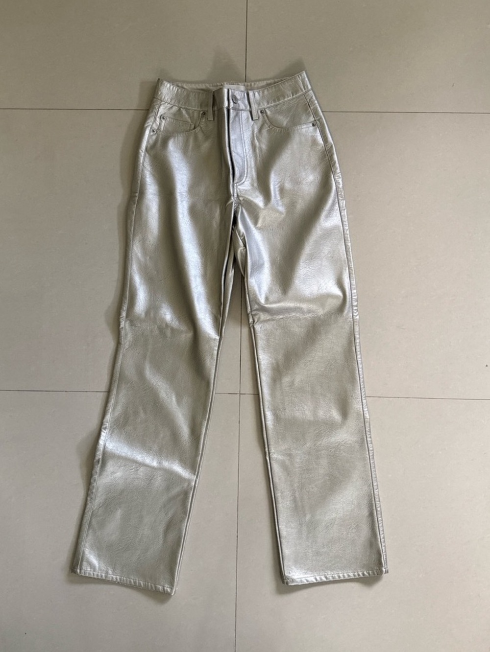 H&M Metallic Silver Faux Leather Straight Leg Pants Metallic Straight-Leg Pants